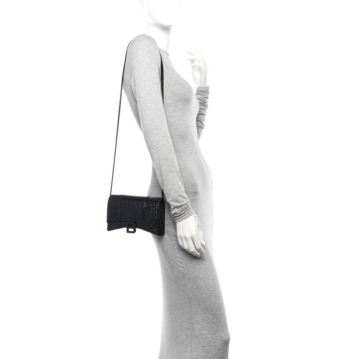 Shiny Calfskin Strass Monochrome Crocodile Embossed Hourglass Chain Bag Black