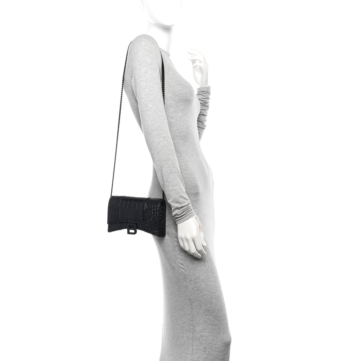 Balenciaga Shiny Calfskin Strass Monochrome Crocodile Embossed Hourglass Chain Bag Black 2 of 9