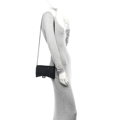 Balenciaga Shiny Calfskin Strass Monochrome Crocodile Embossed Hourglass Chain Bag Black 2 of 9