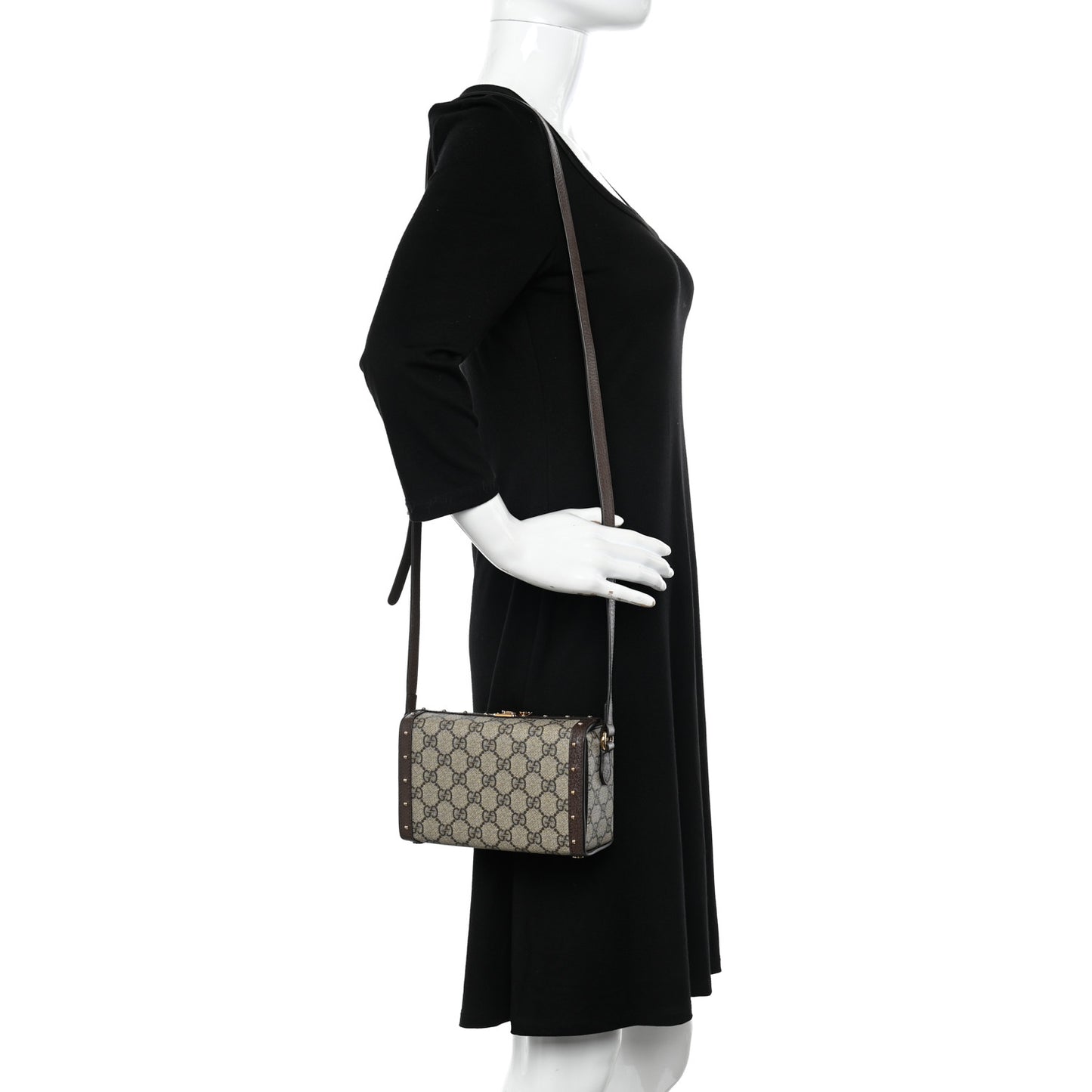GG Supreme Monogram Textured Dollar Calfskin Mini Trunk Shoulder Bag Beige Ebony New Acero