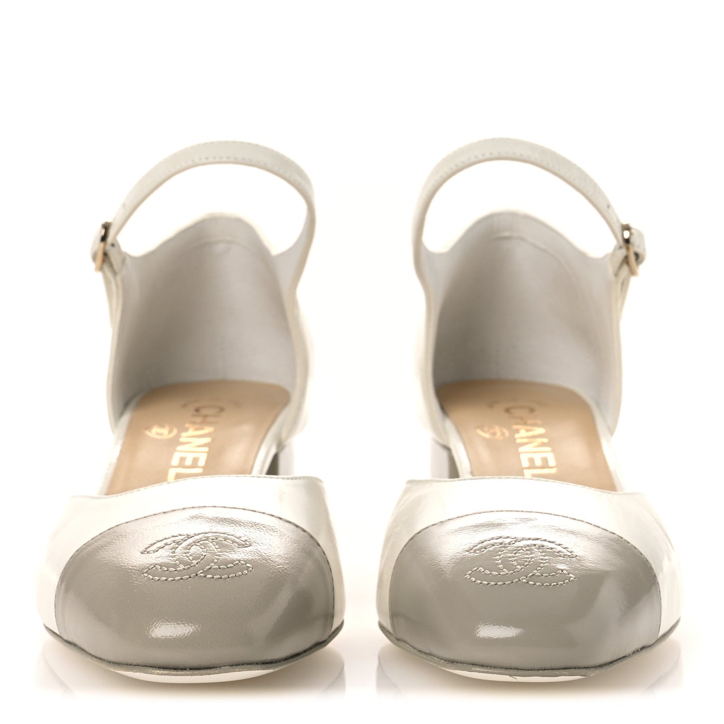Shiny Lambskin CC Cap Toe Mary Janes Pumps 38 White Light Beige