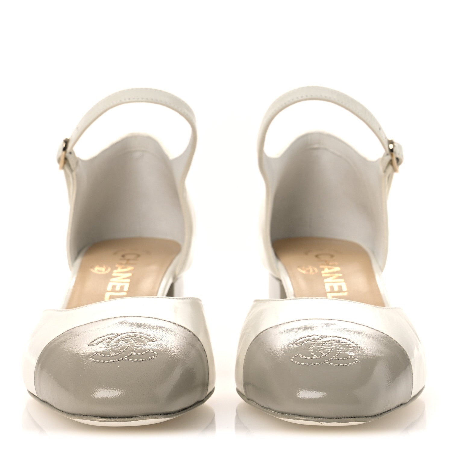 Chanel Shiny Lambskin CC Cap Toe Mary Janes Pumps 38 White Light Beige 3 of 11