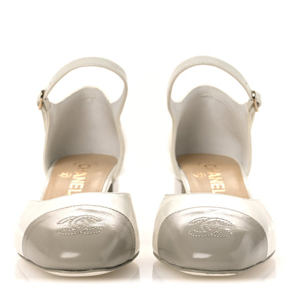 Chanel Shiny Lambskin CC Cap Toe Mary Janes Pumps 38 White Light Beige 3 of 11