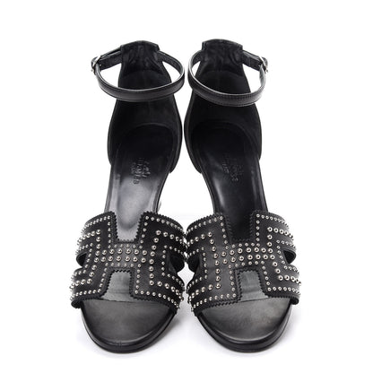 Hermes Calfskin Clous Legend Wedge Sandals 37 Black 5 of 10