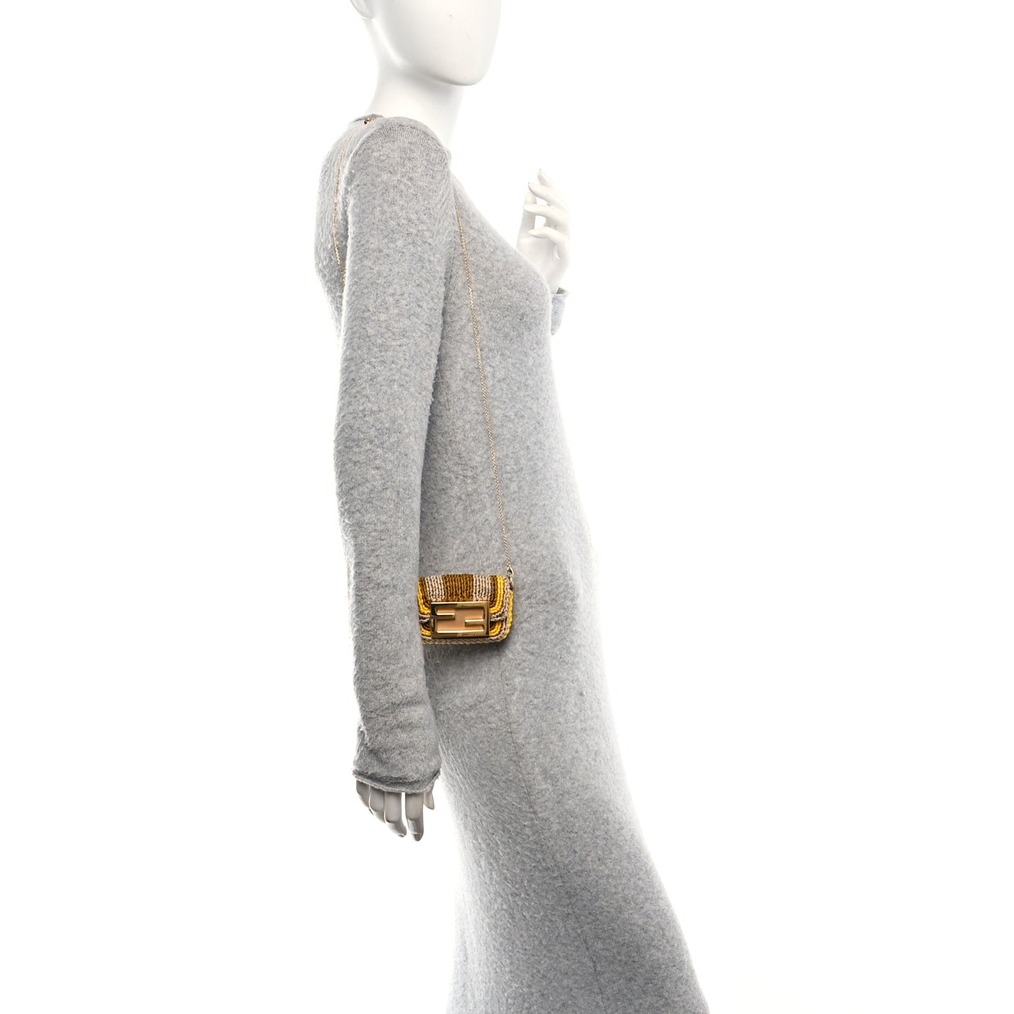 Woven Nappa FF Nano Maxi Buckle Baguette Charm Sand Pomelo Miele Scuro