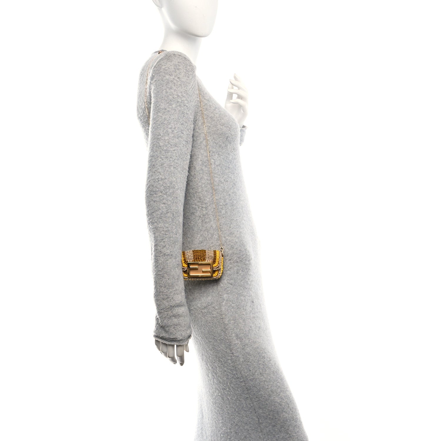 Fendi Woven Nappa FF Nano Maxi Buckle Baguette Charm Sand Pomelo Miele Scuro 2 of 10