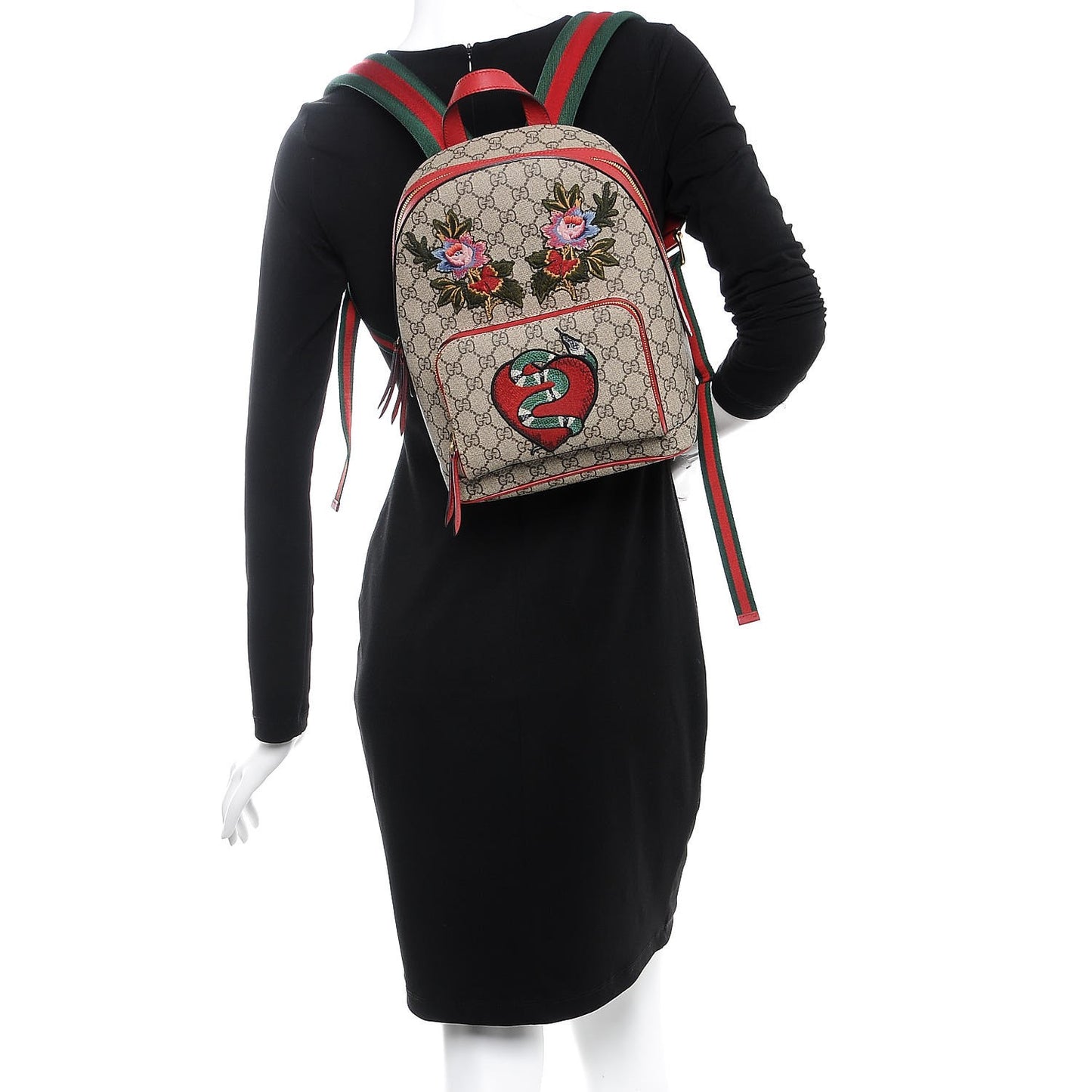 GG Supreme Monogram Web Kingsnake Heart Embroidered Small Day Backpack Red