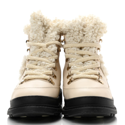 Chanel Calfskin Shearling CC Lace Up Boots 36.5 Light Beige Ivory 2 of 9