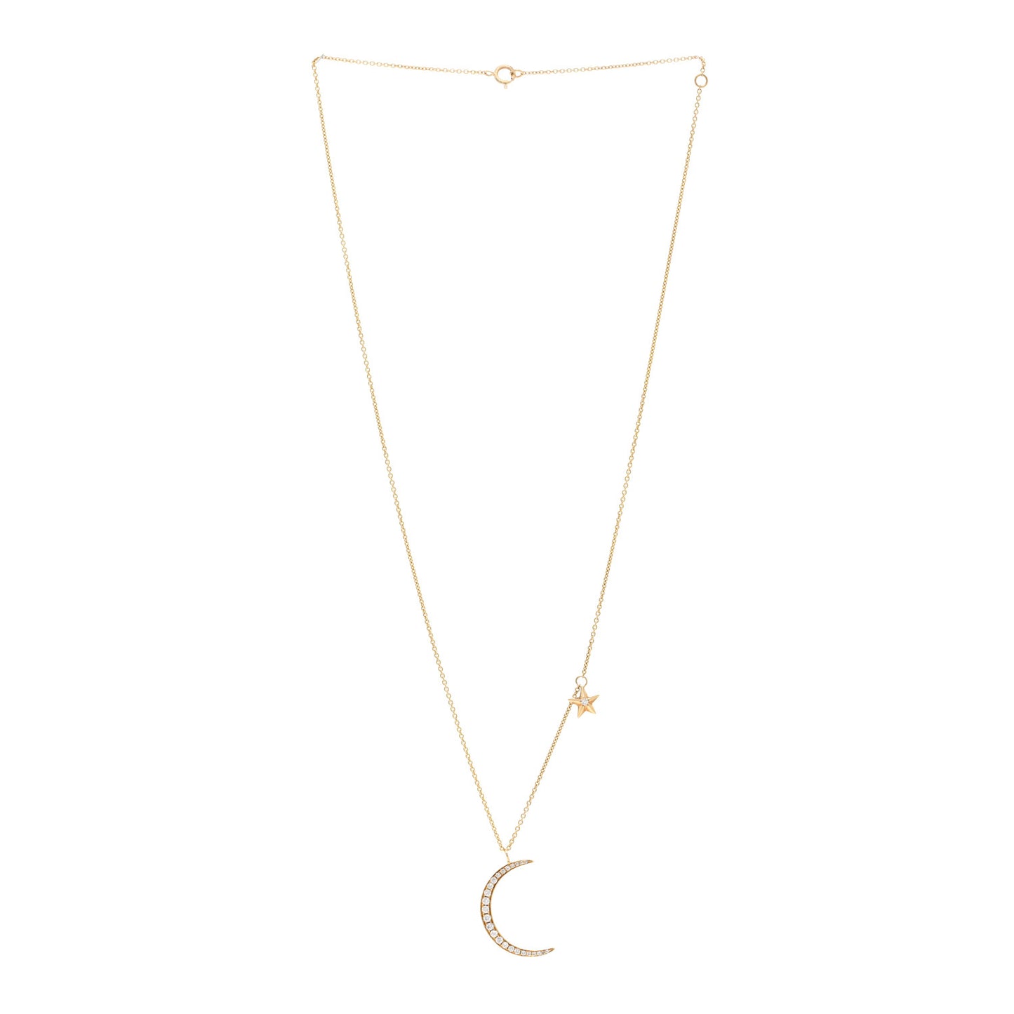 18K Yellow Gold Diamond Moon and Star Pendant Necklace