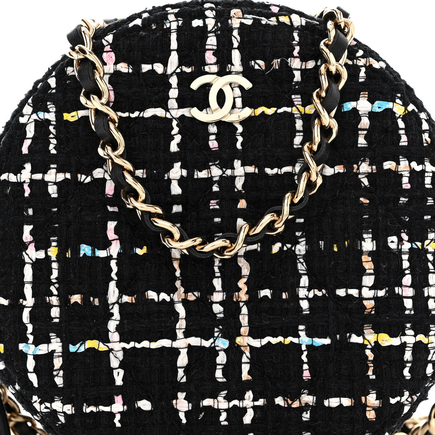 Tweed Round Clutch With Chain Black White Multicolor
