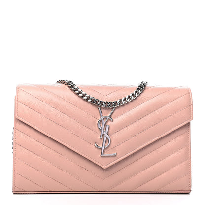 Saint Laurent Grain De Poudre Matelasse Chevron Monogram Chain Wallet Pale Pink 1 of 4
