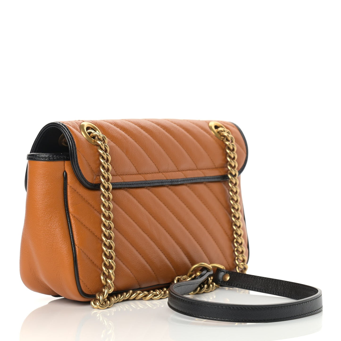 Vintage Effect Calfskin Matelasse Diagonal Small Torchon GG Marmont Shoulder Bag Cognac Black
