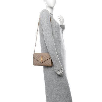 Saint Laurent Grain De Poudre Matelasse Chevron Monogram Chain Wallet Dark Beige 2 of 12