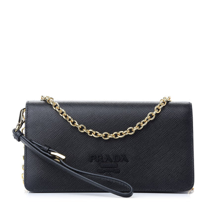Prada Saffiano Shine Monochrome Mini Flap Crossbody Wristlet Bag Black 1 of 8