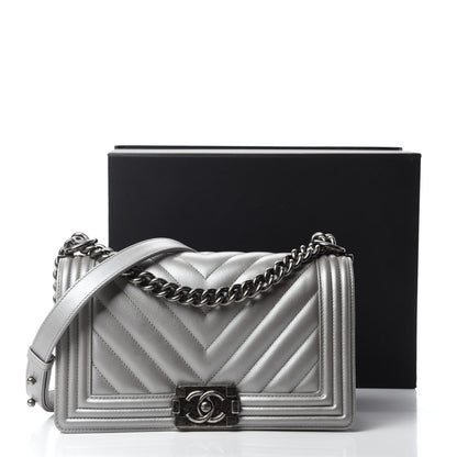 Chanel Metallic Caviar Chevron Quilted Medium Boy Flap Silver 11 of 11