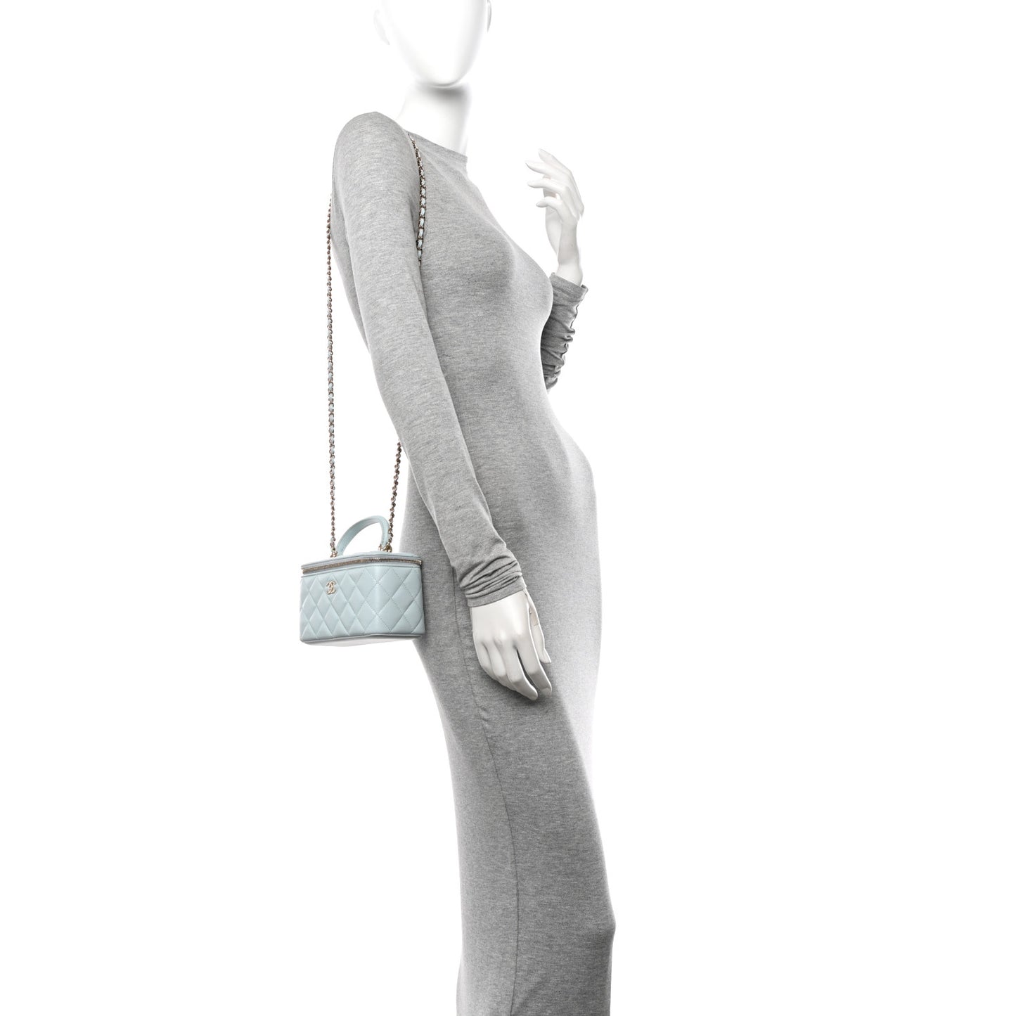 Lambskin Quilted Small Top Handle Vanity Case With Chain Light Blue
