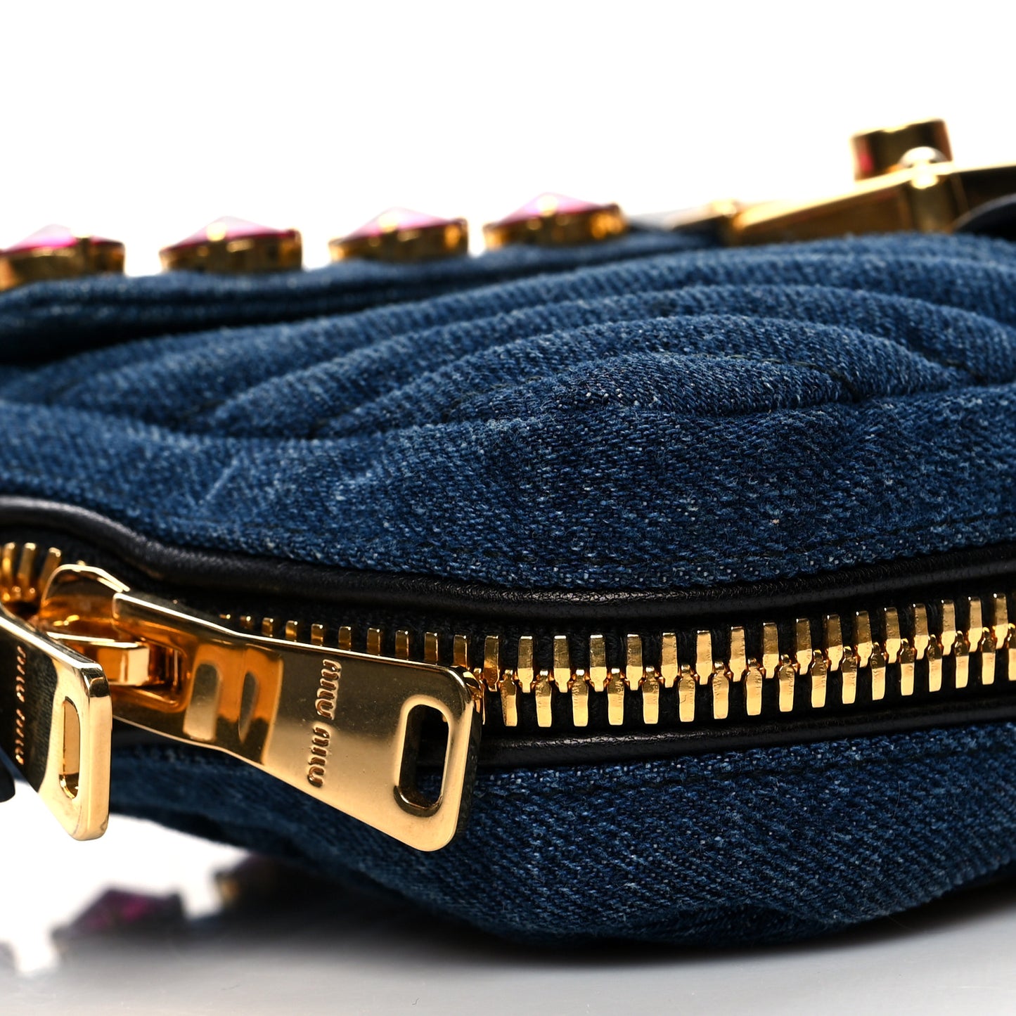 Denim Crystal Embellished Grommet Biker Shoulder Bag Blue Black