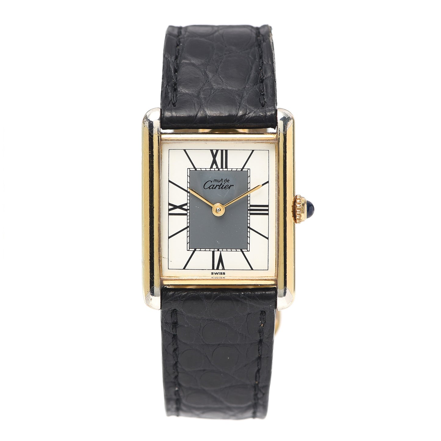 Sterling Silver Vermeil Alligator 20mm Must de Cartier Tank Quartz Watch Grey