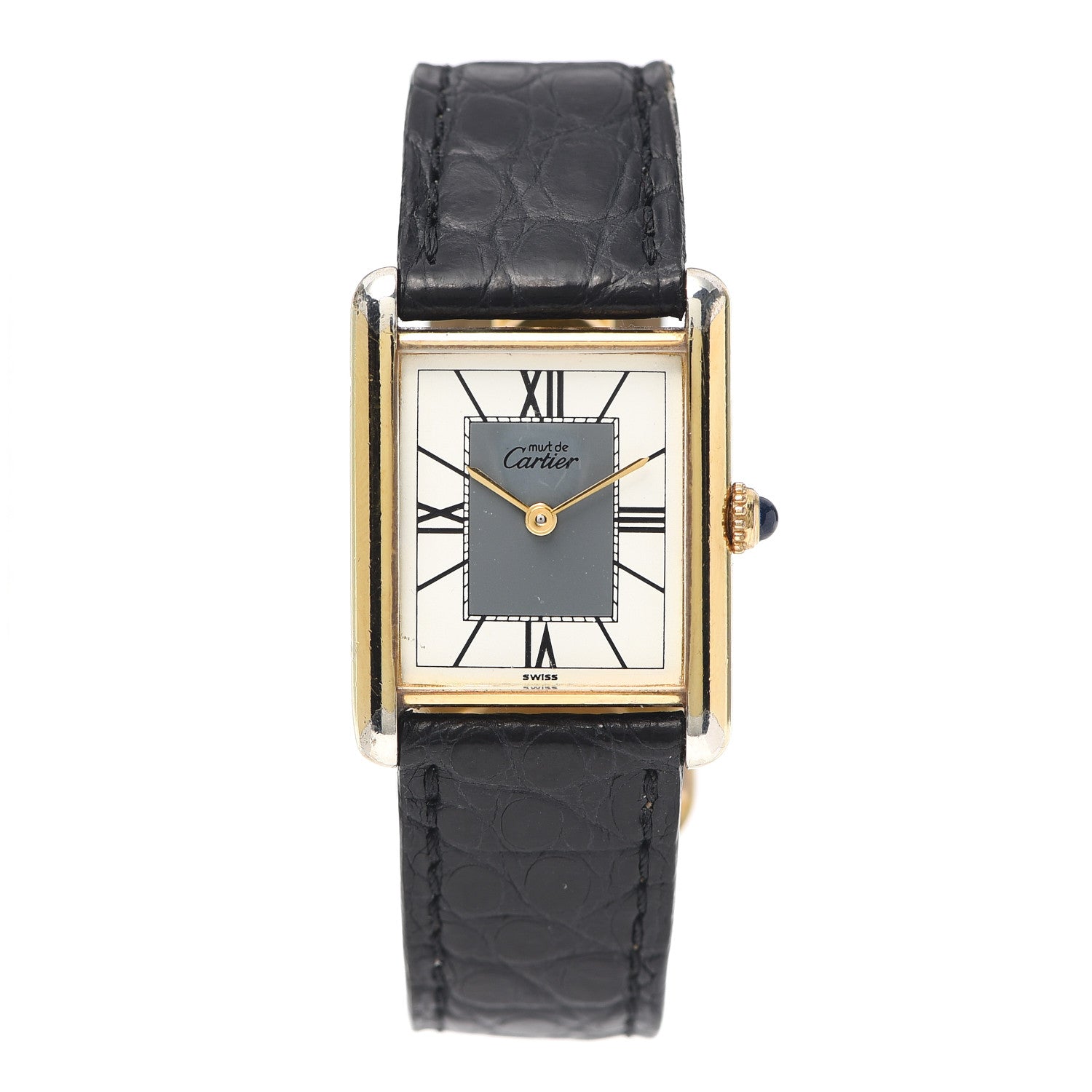 Cartier Sterling Silver Vermeil Alligator 20mm Must de Cartier Tank Quartz Watch Grey 1 of 6