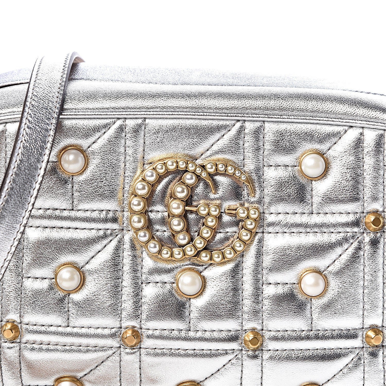 Gucci Metallic Calfskin Matelasse Studded Small Pearly GG Marmont Chain Shoulder Bag Silver 10 of 10
