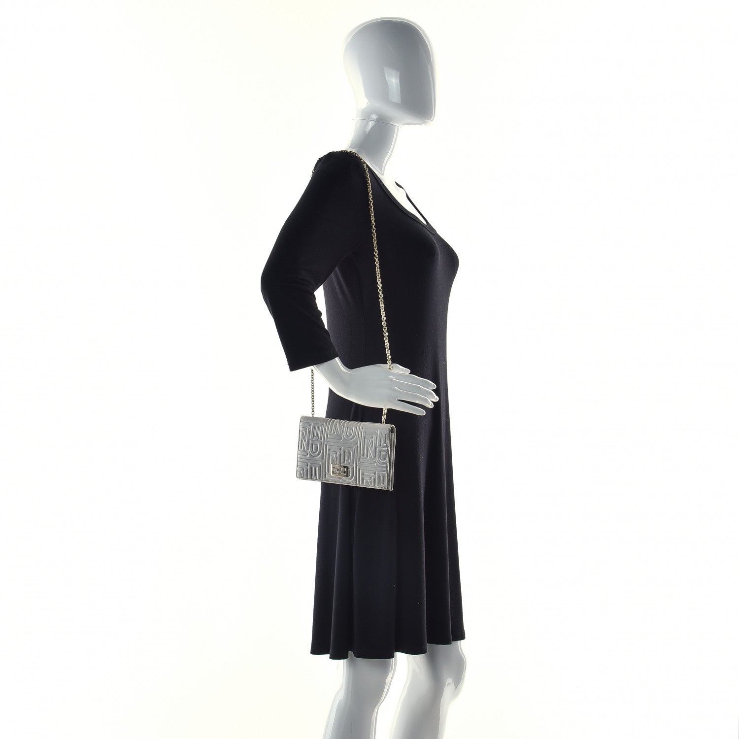 Fendi Metallic Nappa Logo Embossed Long Wallet On Chain Silver 4 of 26