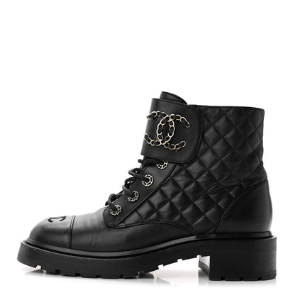 Chanel Shiny Lambskin Quilted Lace Up Combat Boots 40.5 Black 1 of 14