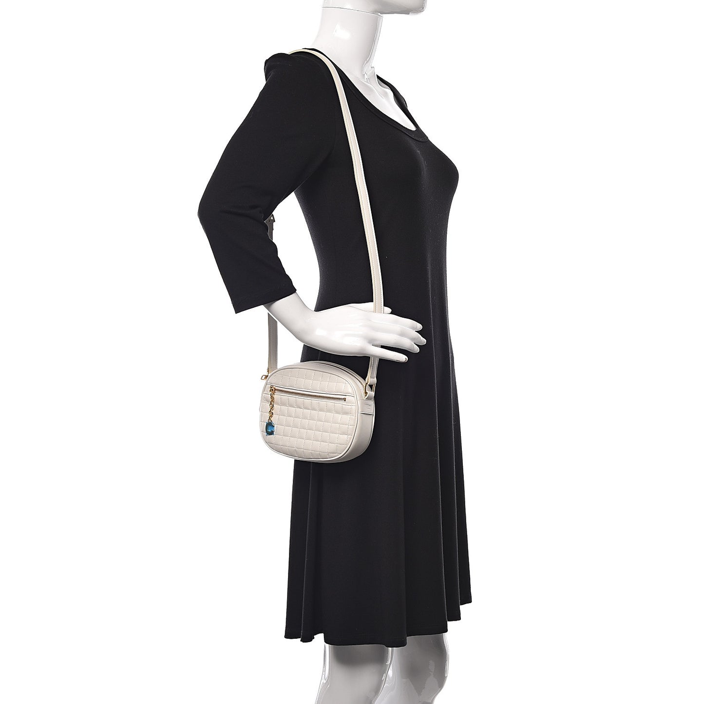 Calfskin Quilted Small C Charm Bag White