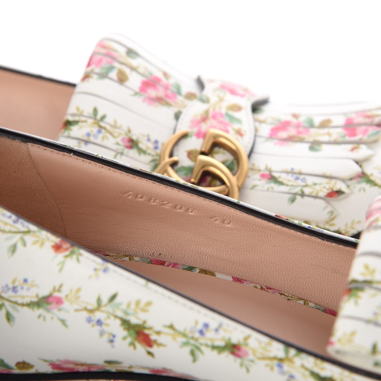 Calfskin Rose Print GG Marmont Fringe 50mm Loafer Pumps 40 Multicolor