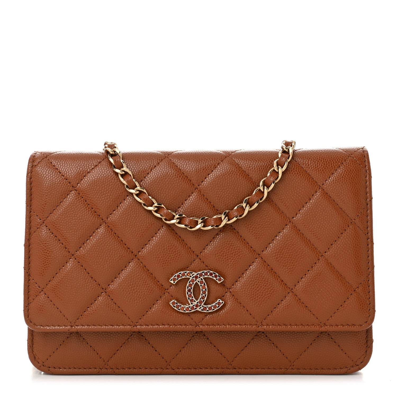 Chanel Shiny Caviar Quilted Strass Wallet On Chain WOC Light Brown 1 of 12