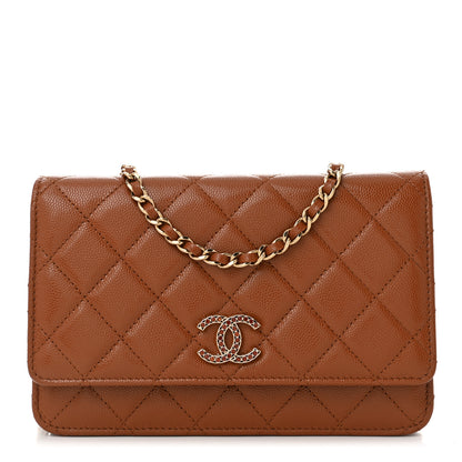 Chanel Shiny Caviar Quilted Strass Wallet On Chain WOC Light Brown 1 of 12