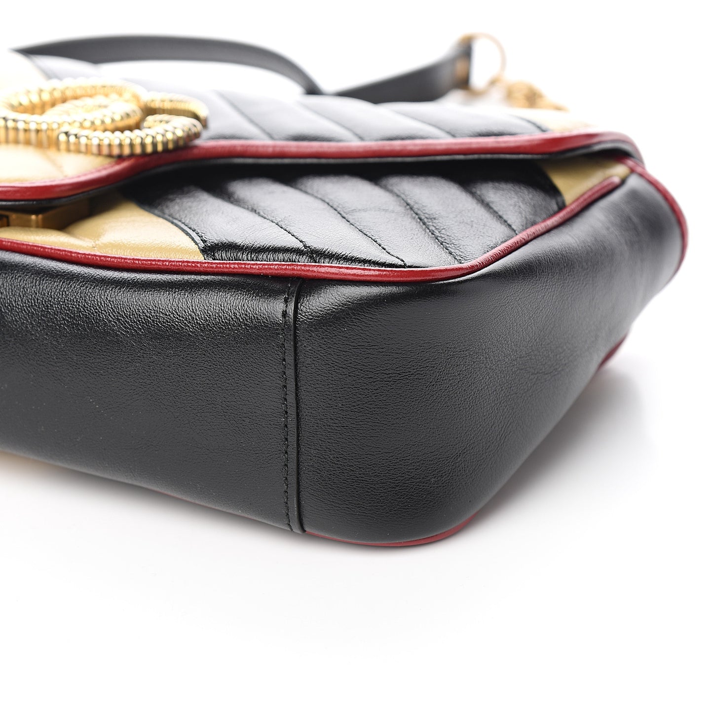 Vintage Effect Calfskin Matelasse Diagonal Striped Small Torchon GG Marmont Shoulder Bag Black Beige