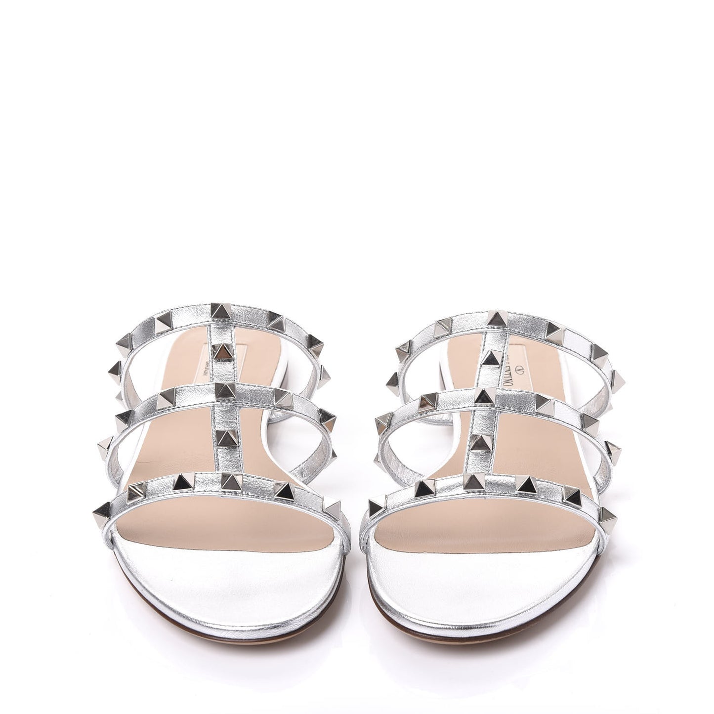 Metallic Nappa Rockstud Caged Flat Slide Sandals 38 Silver