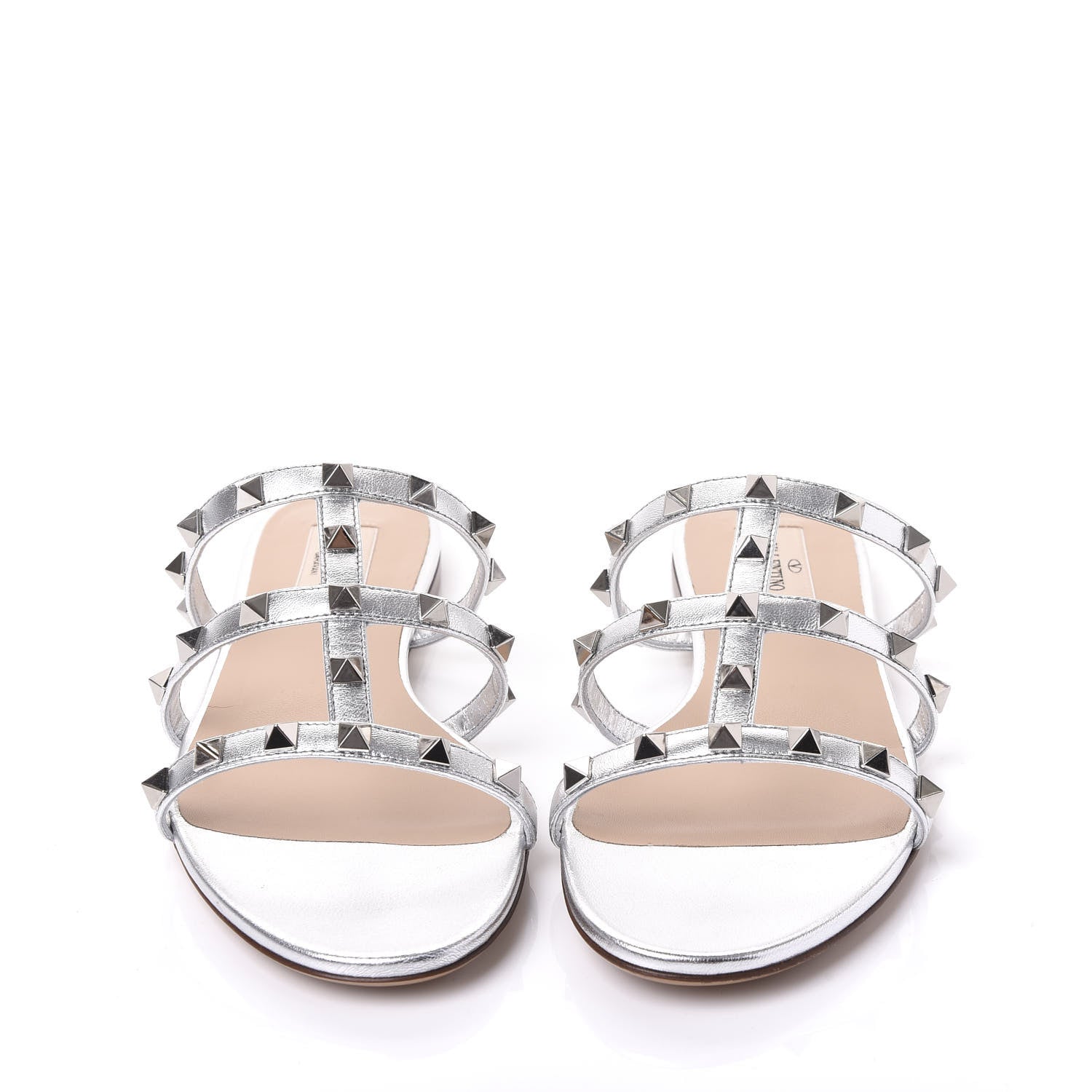 Valentino Garavani Metallic Nappa Rockstud Caged Flat Slide Sandals 38 Silver 3 of 9