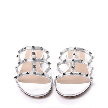 Valentino Garavani Metallic Nappa Rockstud Caged Flat Slide Sandals 38 Silver 3 of 9