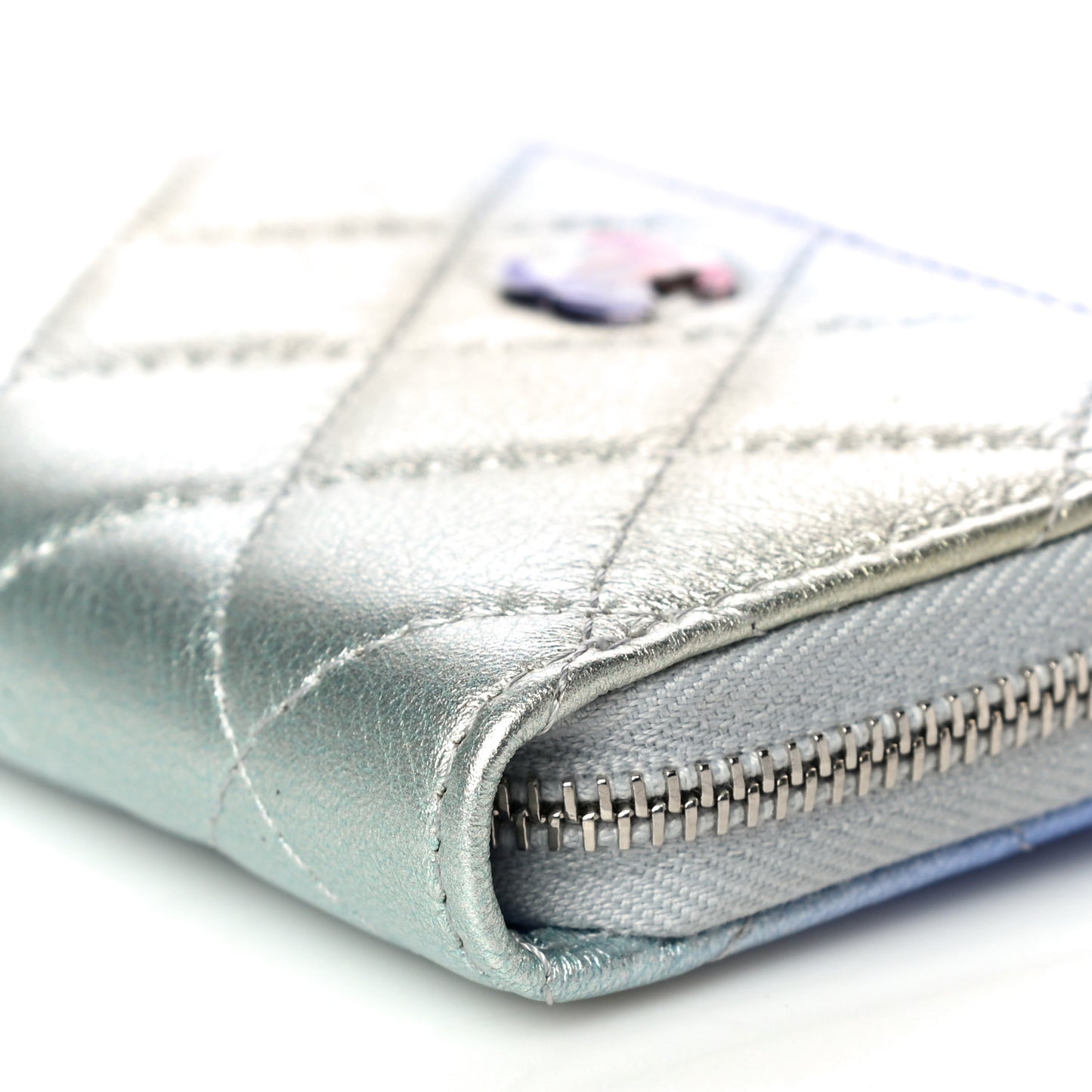 Gradient Metallic Calfskin Quilted Zip Around Coin Purse Wallet Silver Blue Yellow Purple