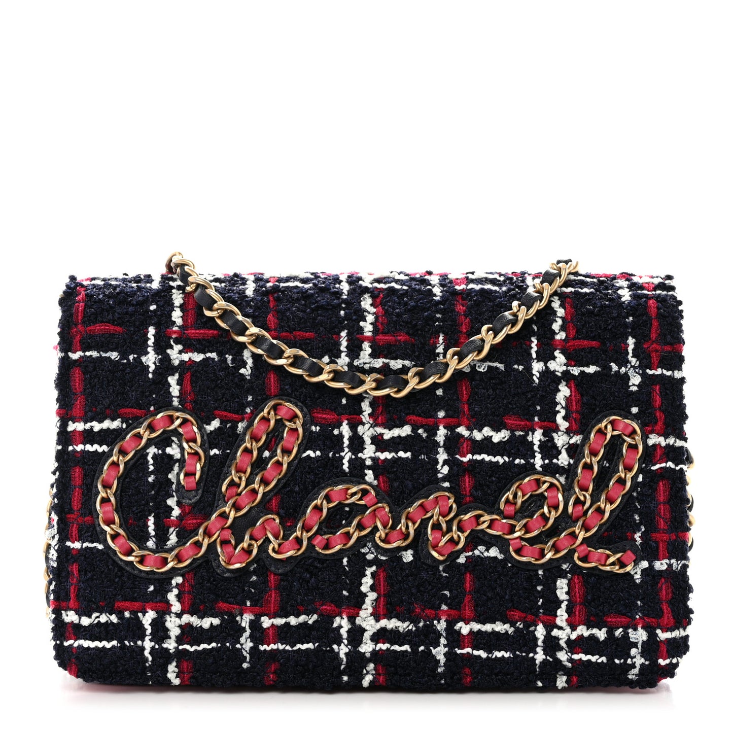 Tweed Calfskin Signe Wallet On Chain WOC Navy Multicolor