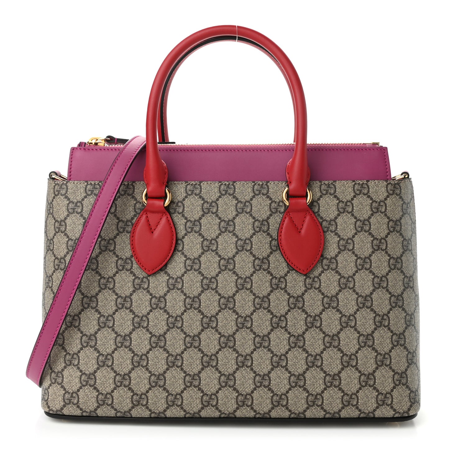 GG Supreme Monogram Moon Calfskin Small Zip Top Tote Beige Ebony Hibiscus Red New Rosette