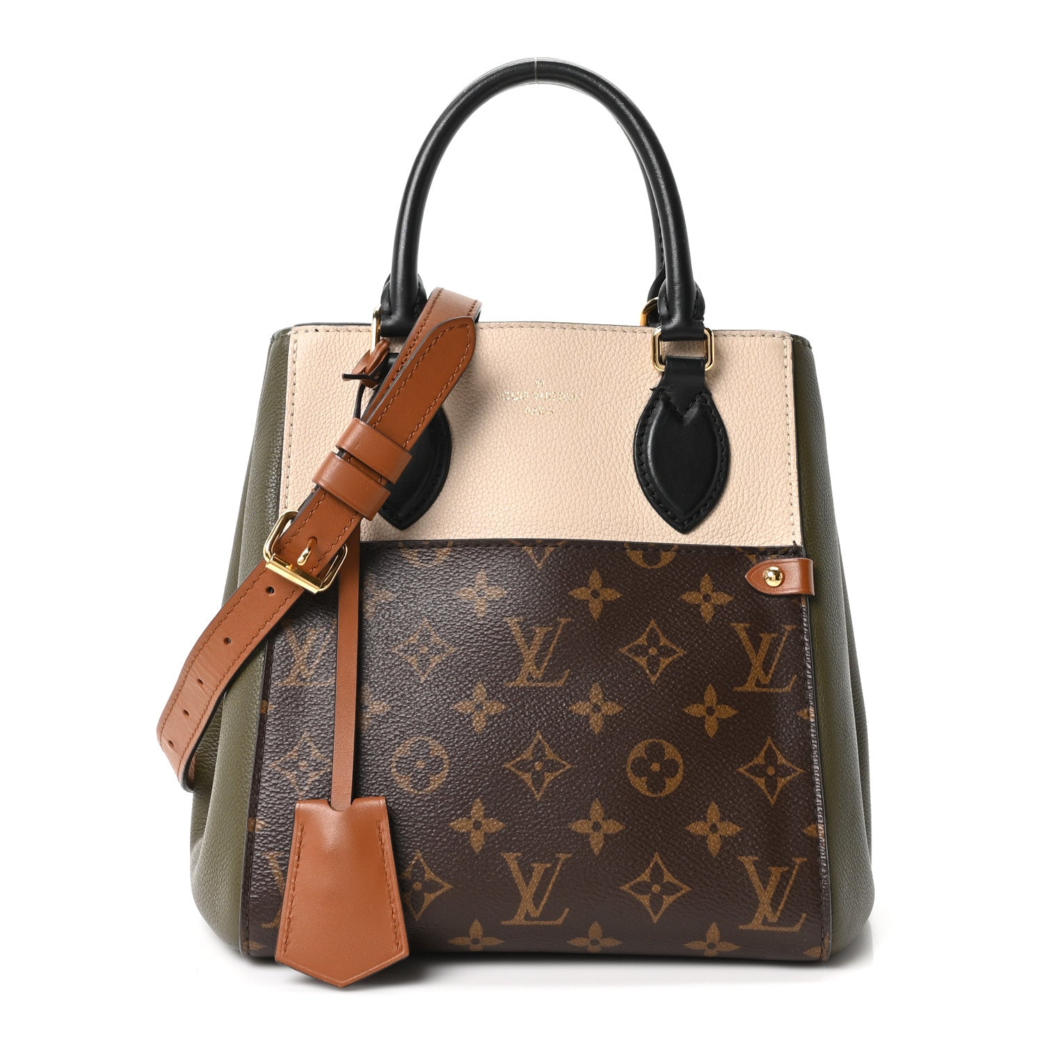 Louis Vuitton Calfskin Monogram Fold Tote Black Khaki Cream 1 of 9