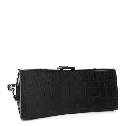 Balenciaga Semi Matte Calfskin Monochrome Crocodile Embossed Small Hourglass Top Handle Bag Black 4 of 9