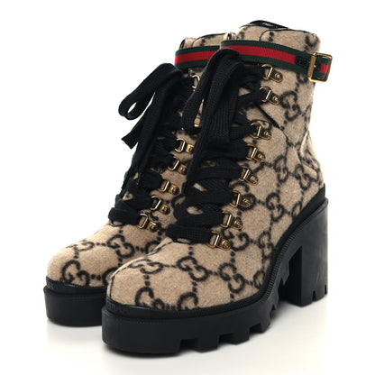 Gucci Covered Wool GG Monogram Womens Lace Up Combat Ankle Boots 40 Beige Ebony Black 3 of 9