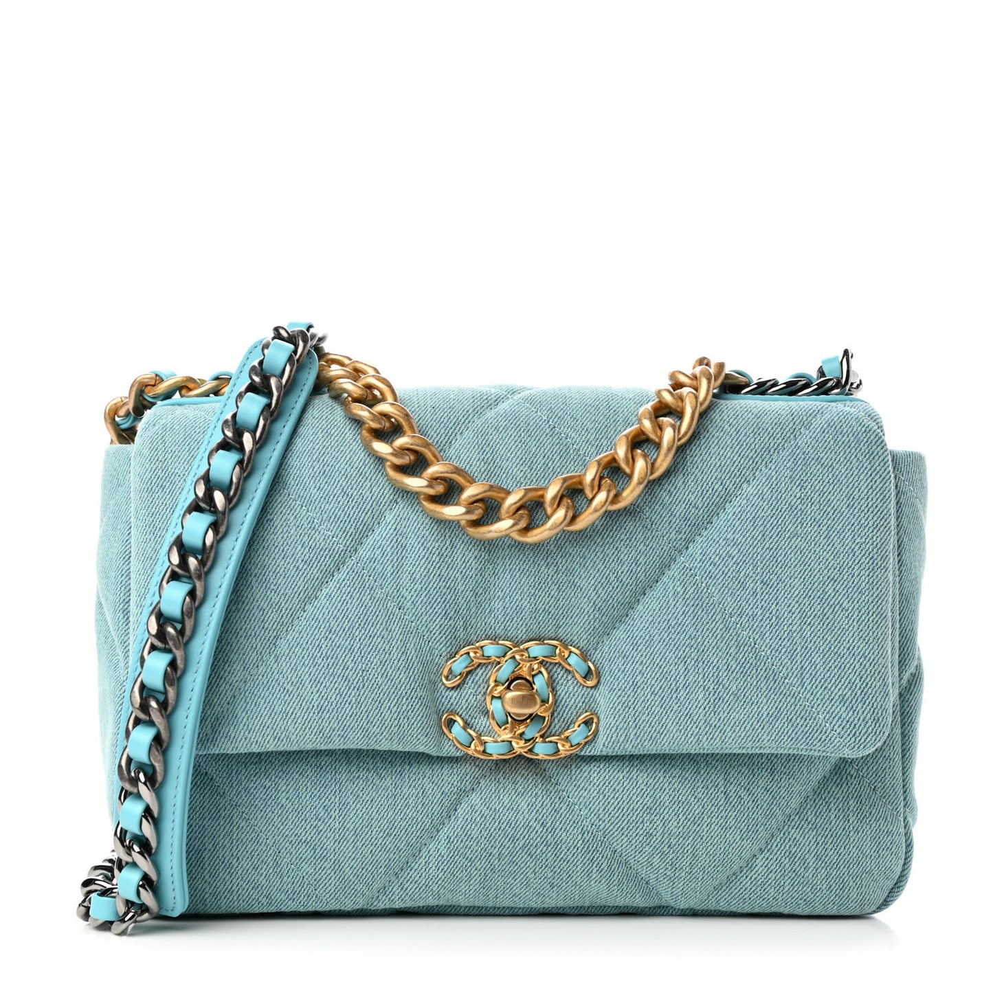 Denim Quilted Medium Chanel 19 Flap Neon Blue