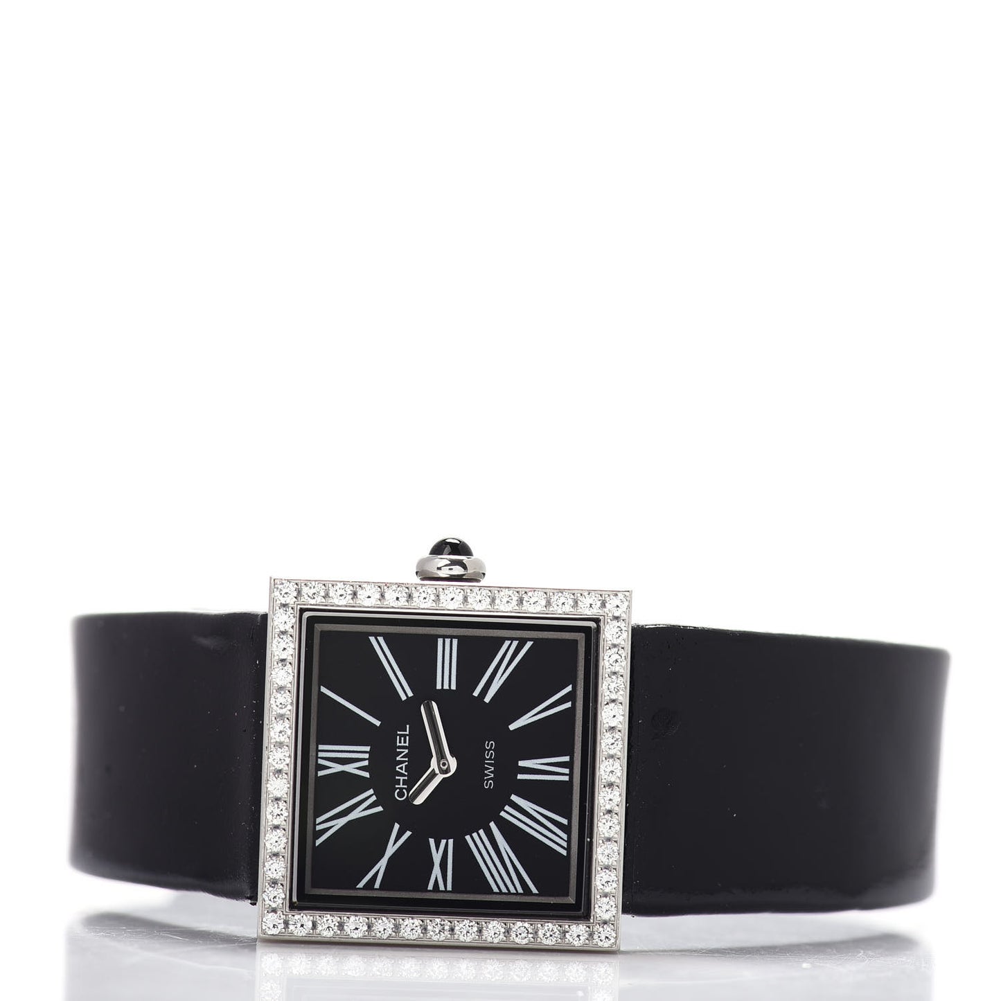 Stainless Steel Patent Leather Diamond 23mm Mademoiselle Quartz Watch Black