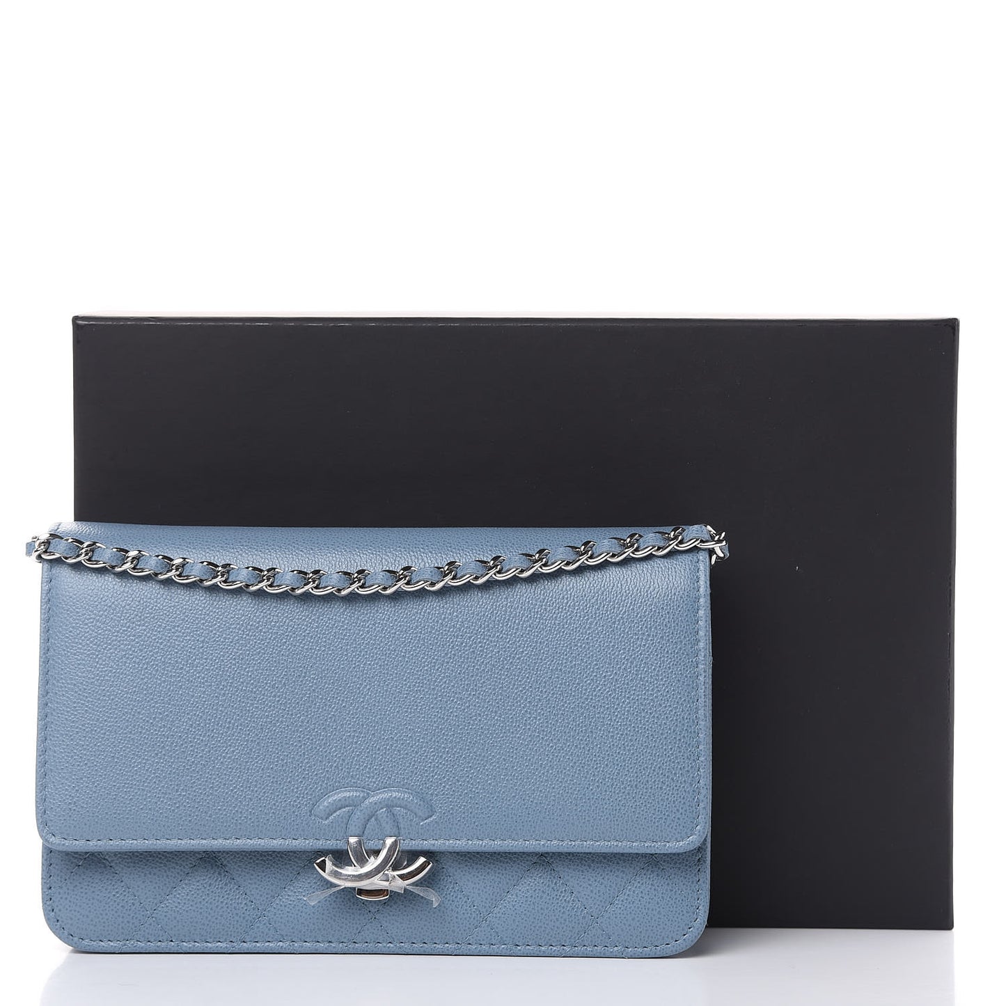 Grained Calfskin Quilted CC Box Wallet On Chain WOC Blue