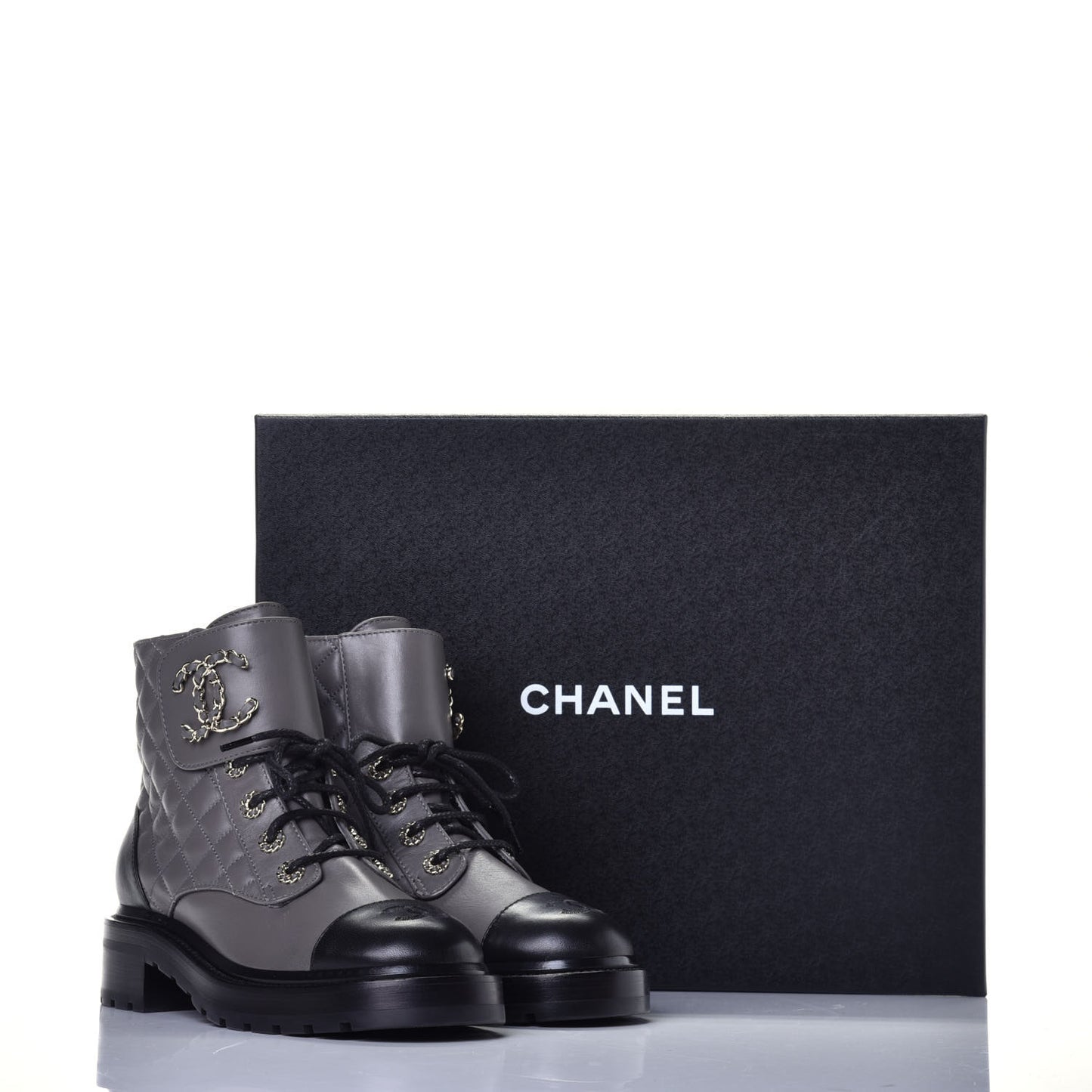 Shiny Lambskin Quilted Lace Up Combat Boots 38 Grey Black
