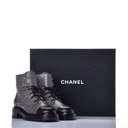 Chanel Shiny Lambskin Quilted Lace Up Combat Boots 38 Grey Black 9 of 10