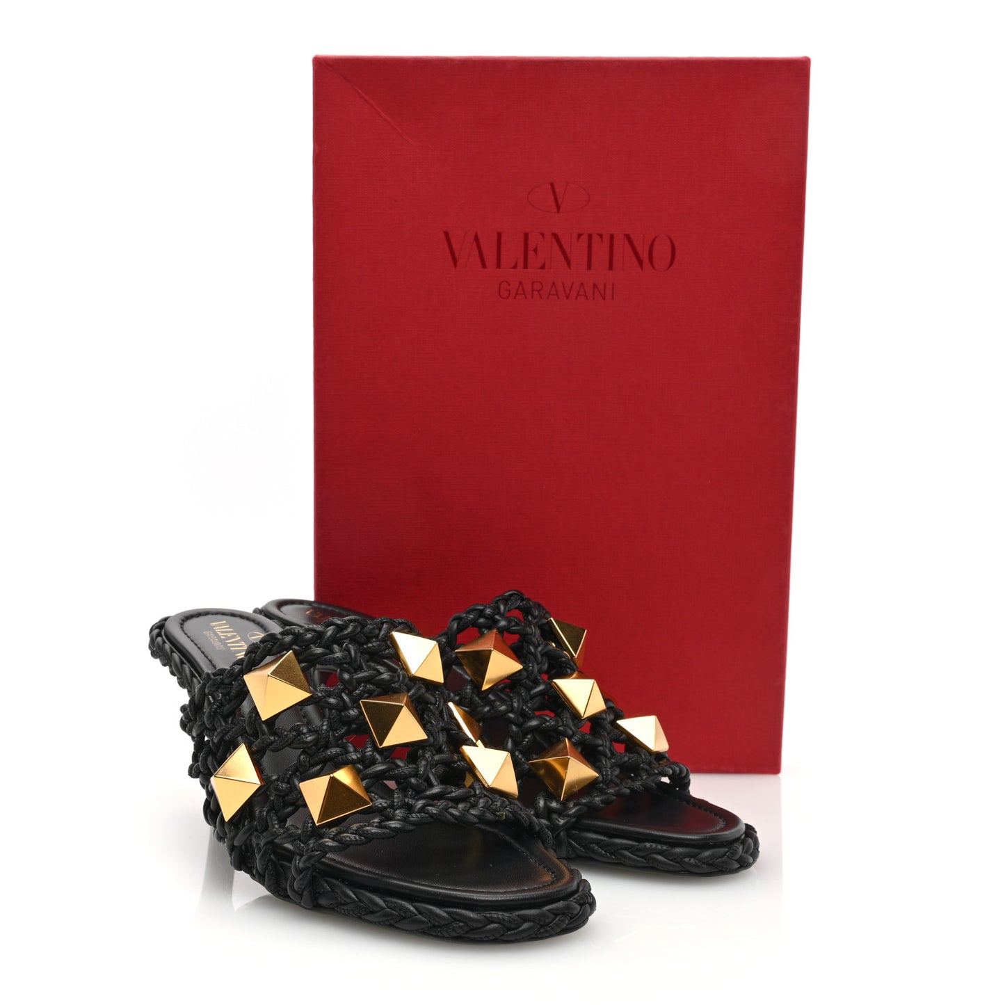 Nappa Woven Roman Stud 65mm Mule Sandals 37 Black