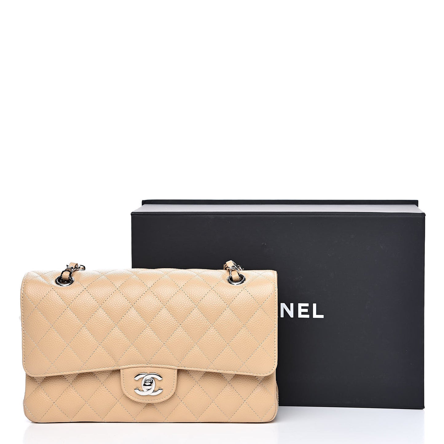 Caviar Quilted Medium Double Flap Beige