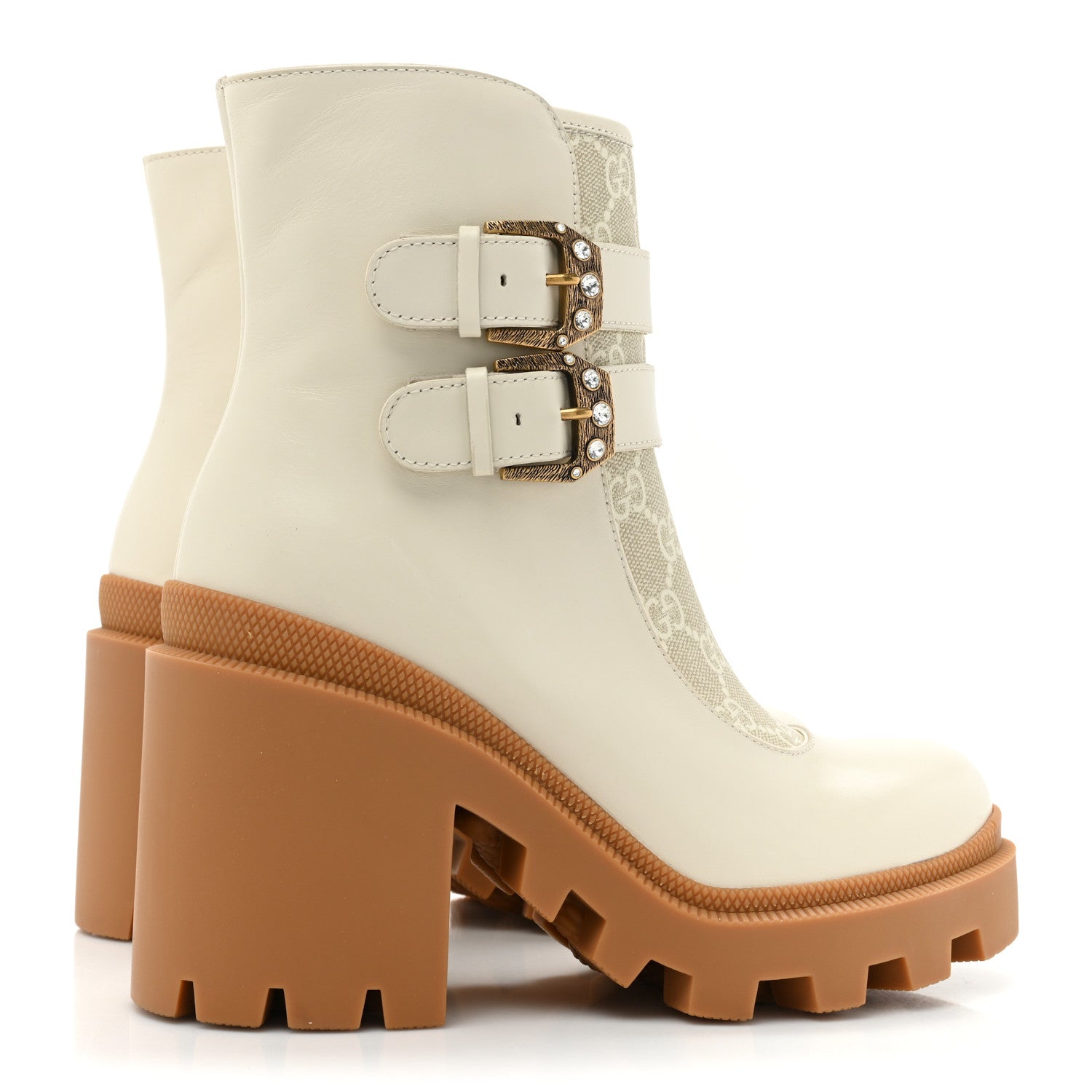 Gucci Kensington Calfskin Nappa GG Supreme Monogram Womens Double Buckle Ankle Boots 36 Mystic White Beige 4 of 9