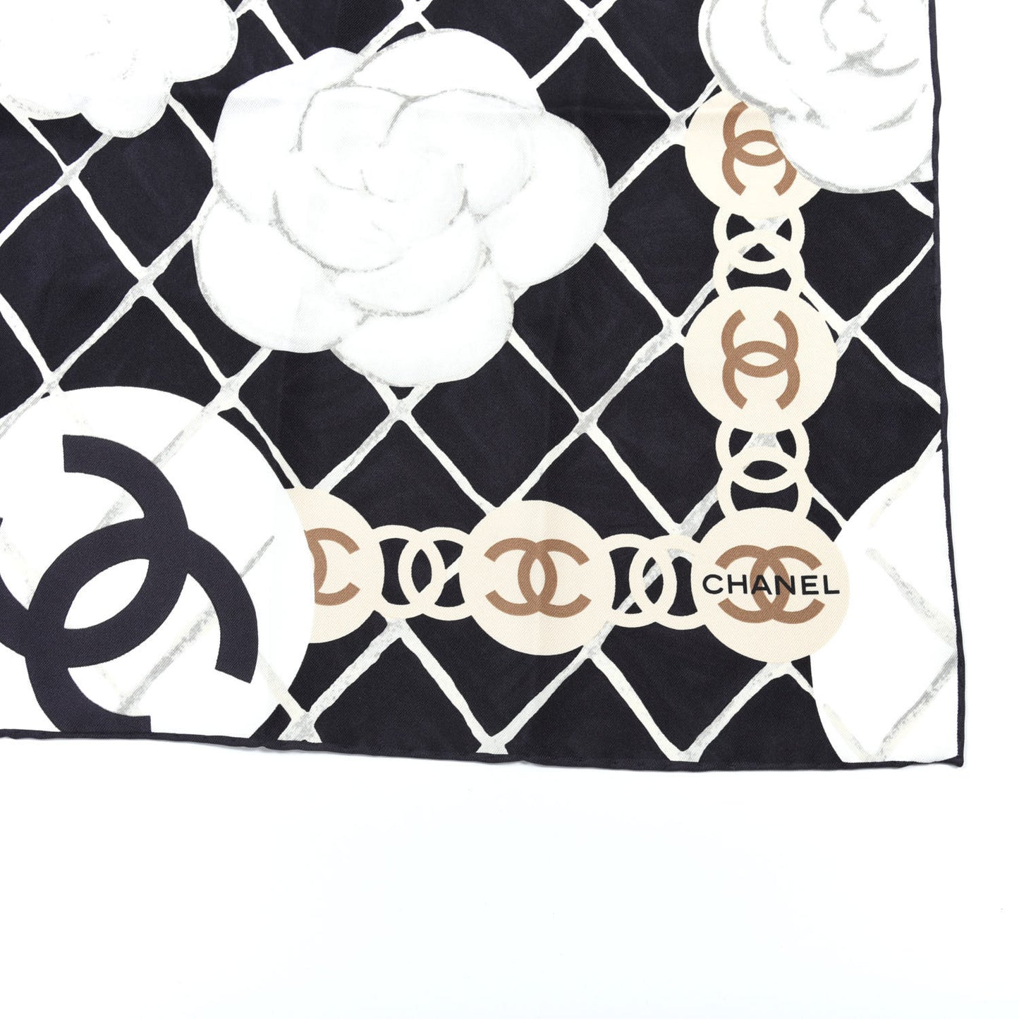 Silk CC Logo Camellia Scarf White Black