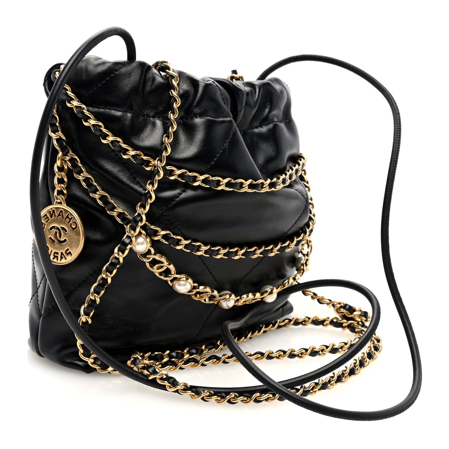 Shiny Calfskin Quilted Pearl CC Chain Mini Chanel 22 Black